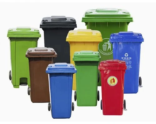 various sizes and colors of plastic garbage bins for waste sorting